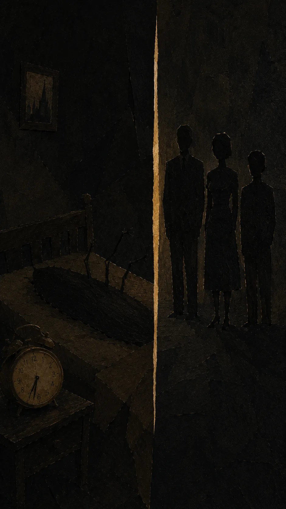 화면을 세로로 가르는 빛의 선 하나. 오른쪽 밝은 쪽에 얼굴 없는 세 사람이 나란히 서 있고, 왼쪽 어둠에는 침대 위의 낮고 긴 검은 형체와 가느다란 다리들이 있다. 벽에는 첨탑 액자, 머리맡에는 자명종이 있다.