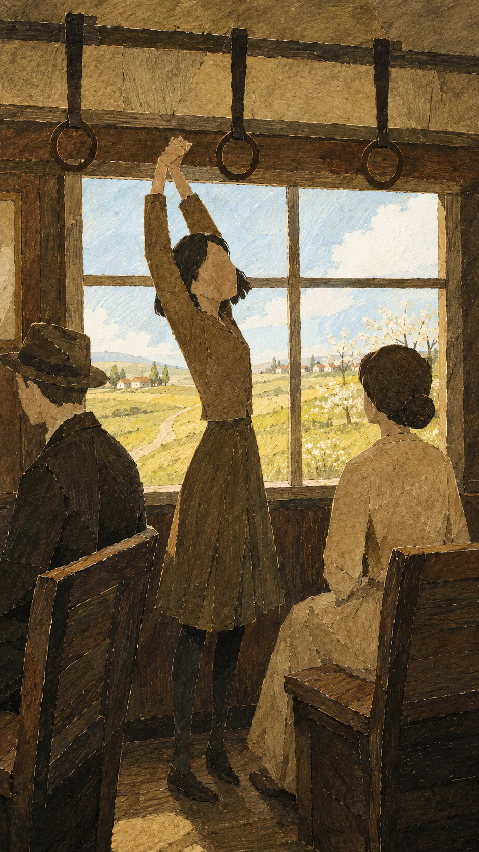 교외로 가는 전차 안. 커다란 창밖으로 봄 들판과 꽃 핀 나무, 흰 구름이 보인다. 천장 봉에 가죽 손잡이 셋이 걸려 있고, 앉아 있는 두 사람 사이에서 한 사람이 일어나 손잡이를 향해 두 팔을 뻗으며 몸을 편다. 얼굴은 보이지 않는다.