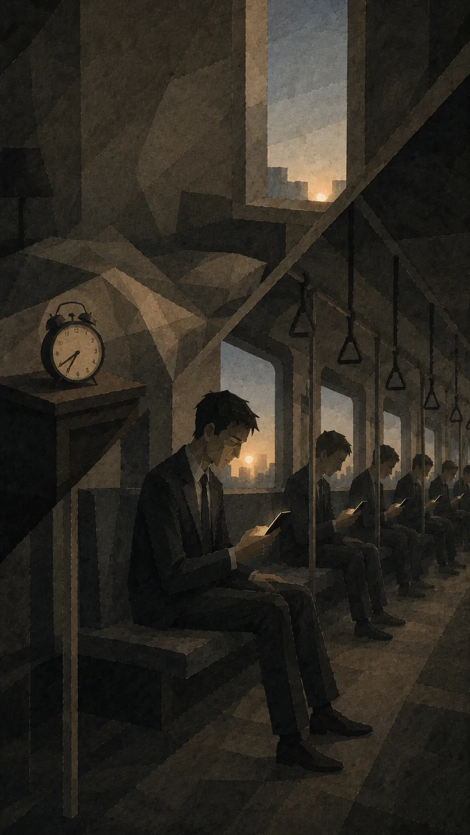 첫 장면과 같은 구도로 화면이 대각선으로 갈라져 위는 침실, 아래는 지하철이다. 협탁 위 자명종도 줄지어 앉은 사람들도 그대로인데, 침대 위는 비어 있고 두 창 너머로 해가 떠 있다.