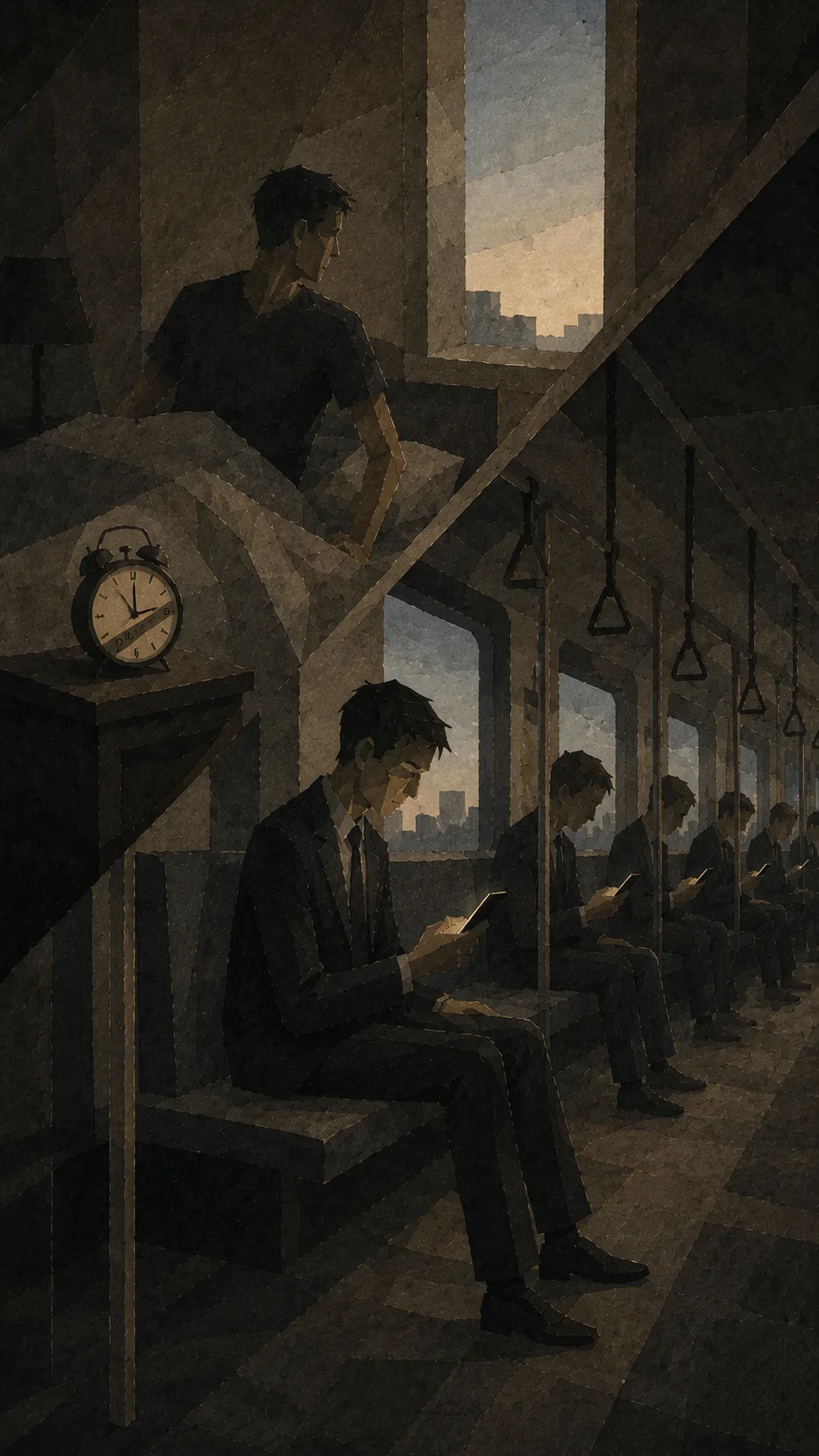 화면이 대각선으로 갈라져 위는 새벽 침실, 아래는 지하철이다. 침실에는 협탁 위 자명종이 있고 한 사람이 침대에 걸터앉아 창밖을 본다. 아래 칸에는 같은 양복 차림 사람들이 줄지어 앉아 각자 손안의 화면만 내려다보고 있다.