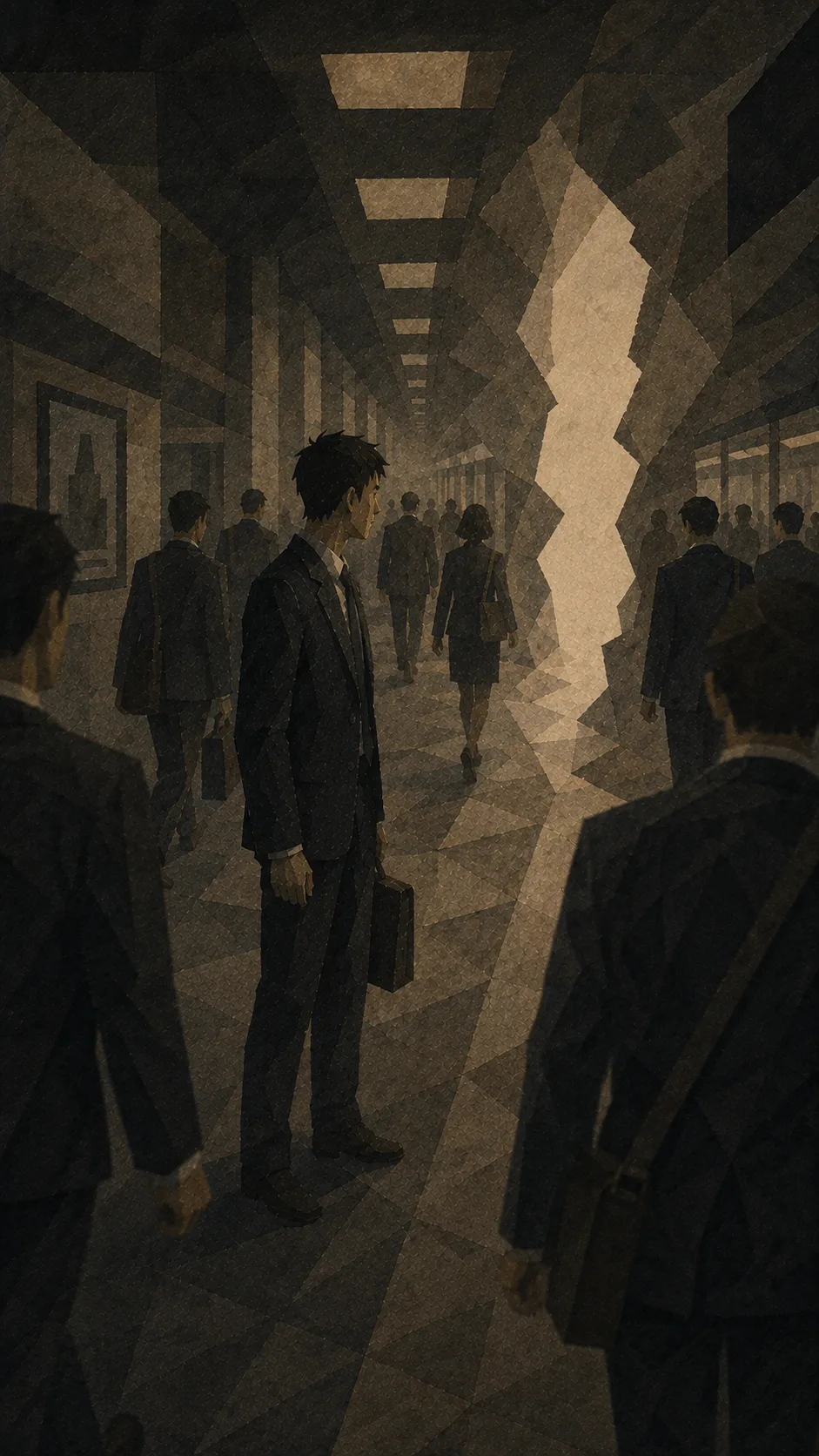 양옆으로 똑같은 문과 천장 조명이 반복되며 멀어지는 사무실 복도. 사람들이 모두 같은 방향으로 걸어가는 가운데 한 사람만 걸음을 멈추고 옆을 보고 서 있다. 오른쪽 벽면이 위아래로 길게 갈라져 그 틈으로 흰빛이 새어 나온다.