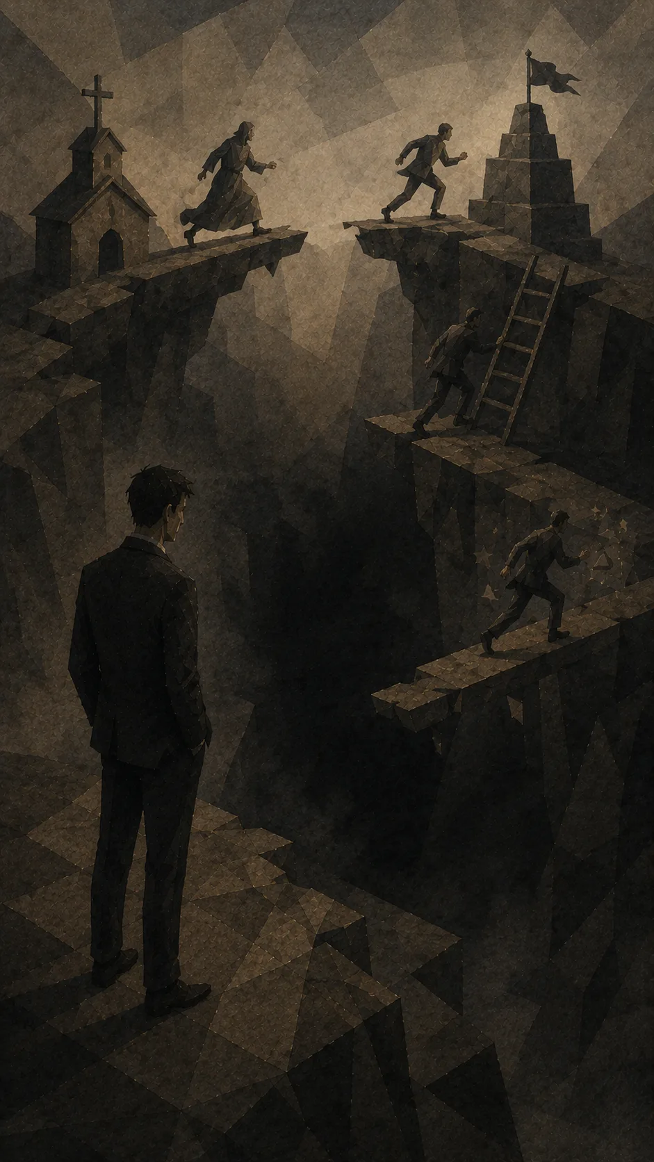 낭떠러지로 끊긴 발판들이 층층이 걸려 있고, 사람들이 각자 다음 발판으로 뛰어 건너간다. 건너편에는 십자가가 얹힌 작은 교회, 깃발이 꽂힌 계단식 단, 사다리, 별들이 놓여 있다. 왼쪽 아래에서 한 사람만 뛰지 않고 등을 보인 채 서서 그것을 보고 있다.