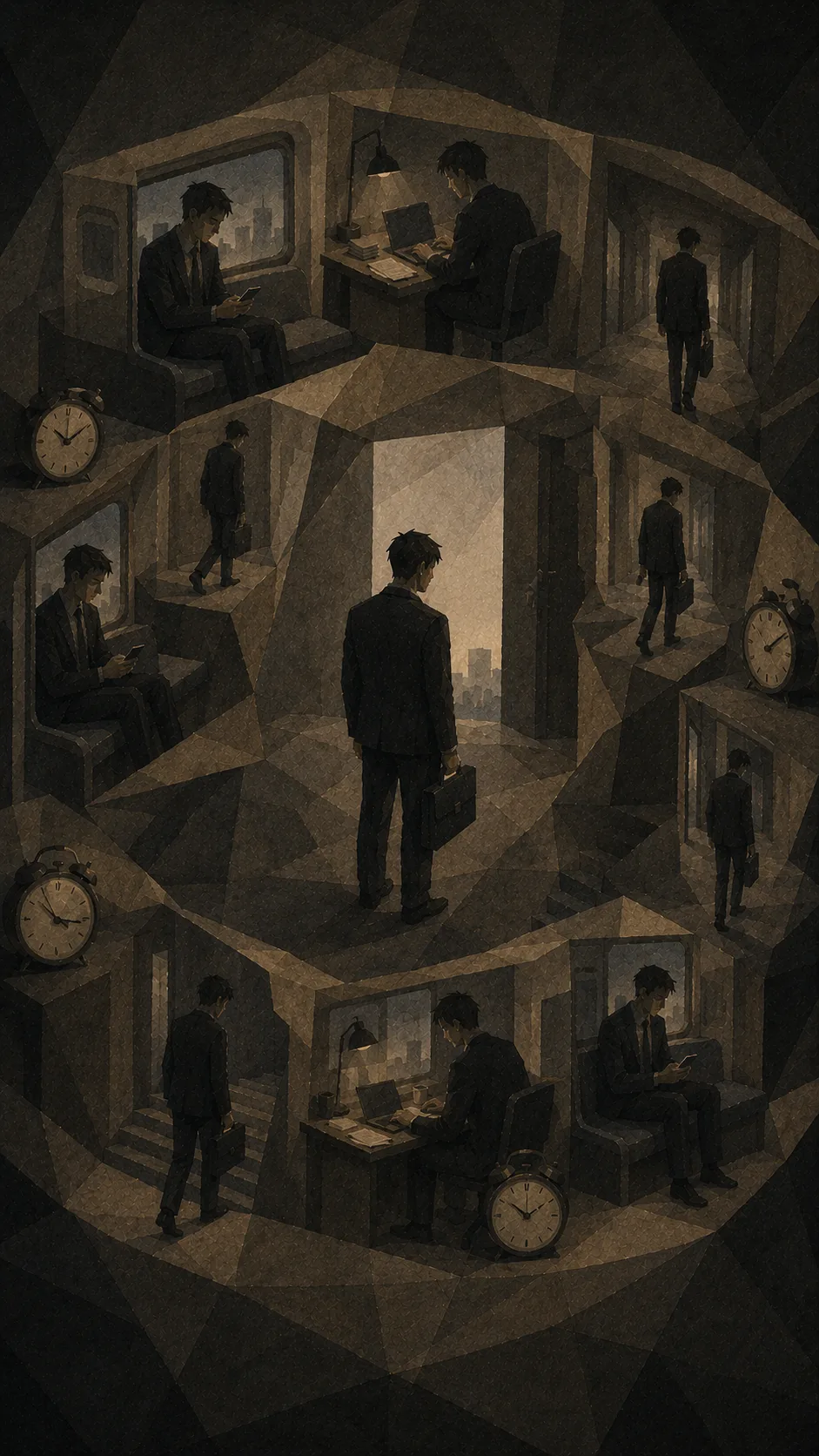 같은 사람의 하루가 여러 칸으로 쪼개져 원형으로 둘러싸고 있다. 지하철에서 화면을 보고, 책상에서 노트북을 두드리고, 복도를 걸어가는 장면들 사이사이에 자명종이 놓여 있다. 한가운데에 서류가방을 든 사람이 등을 보인 채 서서 열린 문 너머 밝은 바깥을 보고 있다.
