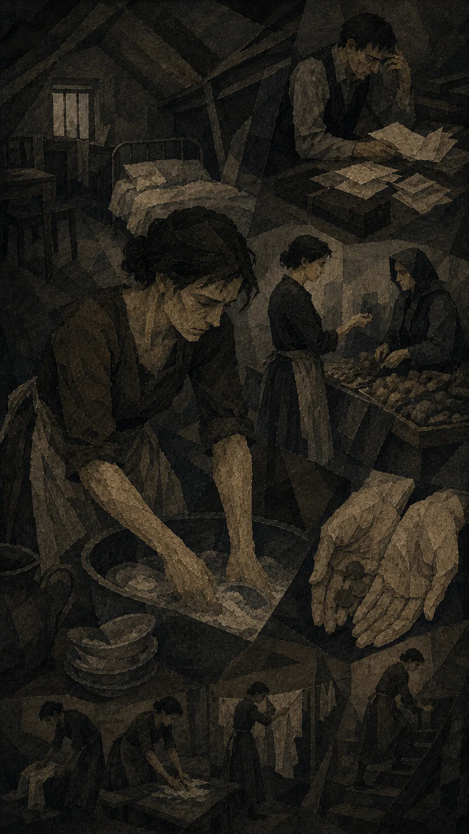 십 년이 여러 장면으로 겹쳐 있다. 가운데 여자가 대야에 손을 담그고 설거지를 하고, 위쪽에서 남자가 등불 아래 서류를 옮겨 적는다. 오른쪽에서는 시장에서 값을 흥정하고, 화면 가운데 두 손이 동전 몇 닢을 받쳐 들고 있다. 아래쪽에 빨래를 널고 바닥을 닦는 장면들이 작게 이어진다. 시리즈에서 가장 어둡다.