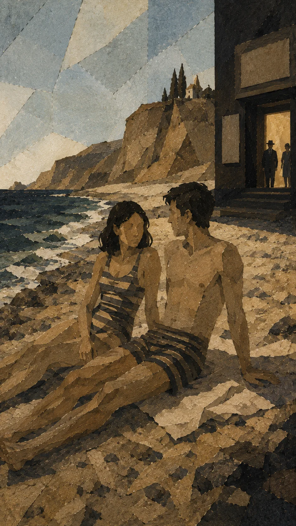 대낮의 바닷가. 남자와 여자가 수영복 차림으로 자갈밭에 나란히 앉아 있다. 뒤편 언덕에 사이프러스와 흰 건물이 보이고, 오른쪽 극장 입구에는 모자를 쓴 두 사람이 서 있다.