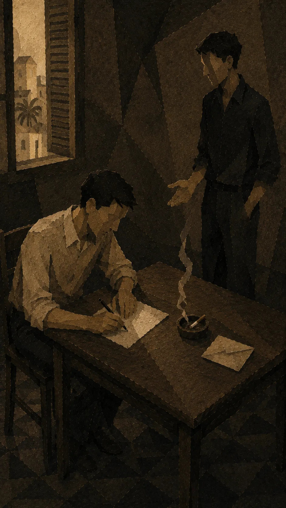 좁은 방. 남자가 탁자에 앉아 편지를 받아 적고 있고, 검은 옷을 입은 다른 남자가 옆에 서서 손짓하며 말하고 있다. 재떨이에서 연기가 오르고 창밖으로 야자수와 흰 건물이 보인다.