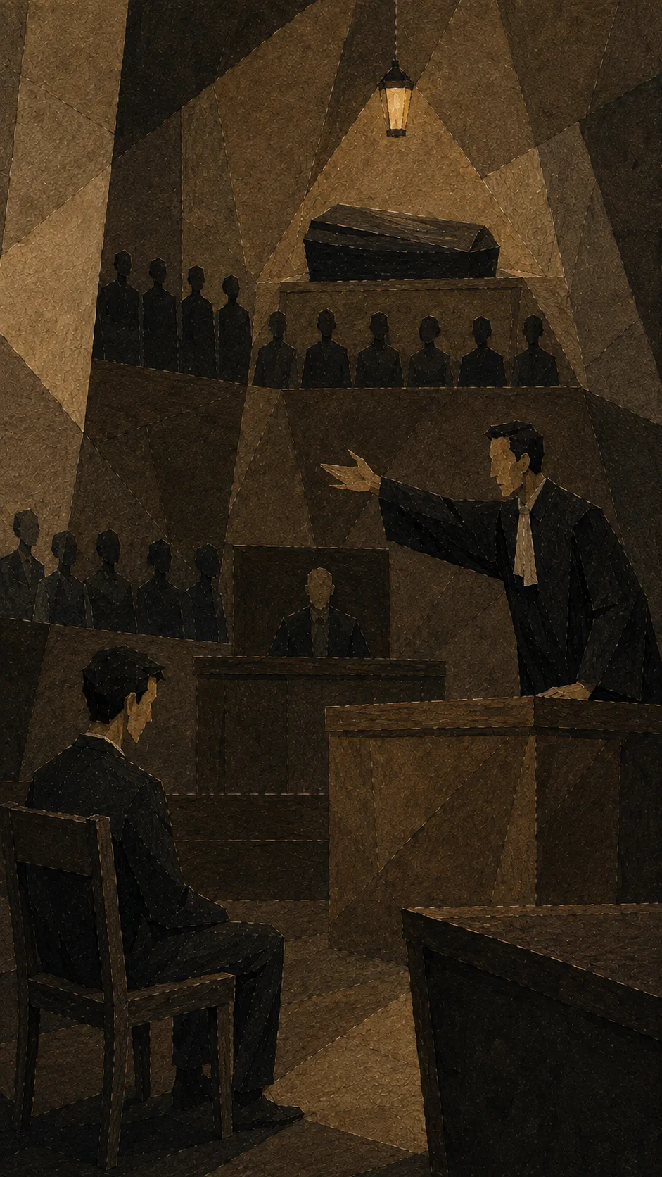 법정. 검사가 팔을 뻗어 무언가를 가리키고 있고, 그 뒤 배심원석 위쪽 어둠 속에 관 하나가 떠 있다. 왼쪽 아래에 피고인이 등을 보이고 앉아 있다.
